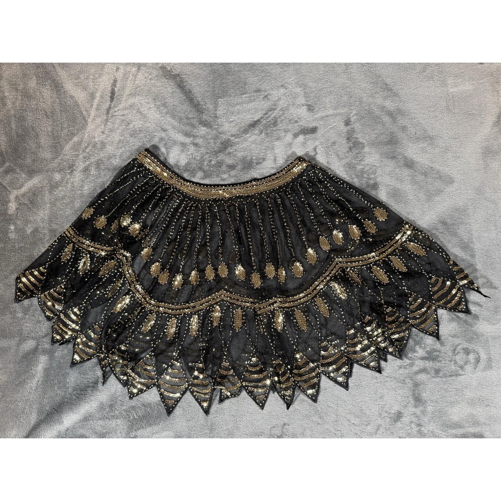 Sequin Lace Skirt Womens XS Black Gold Beaded Capelet Art Deco Shawl Belly Dance